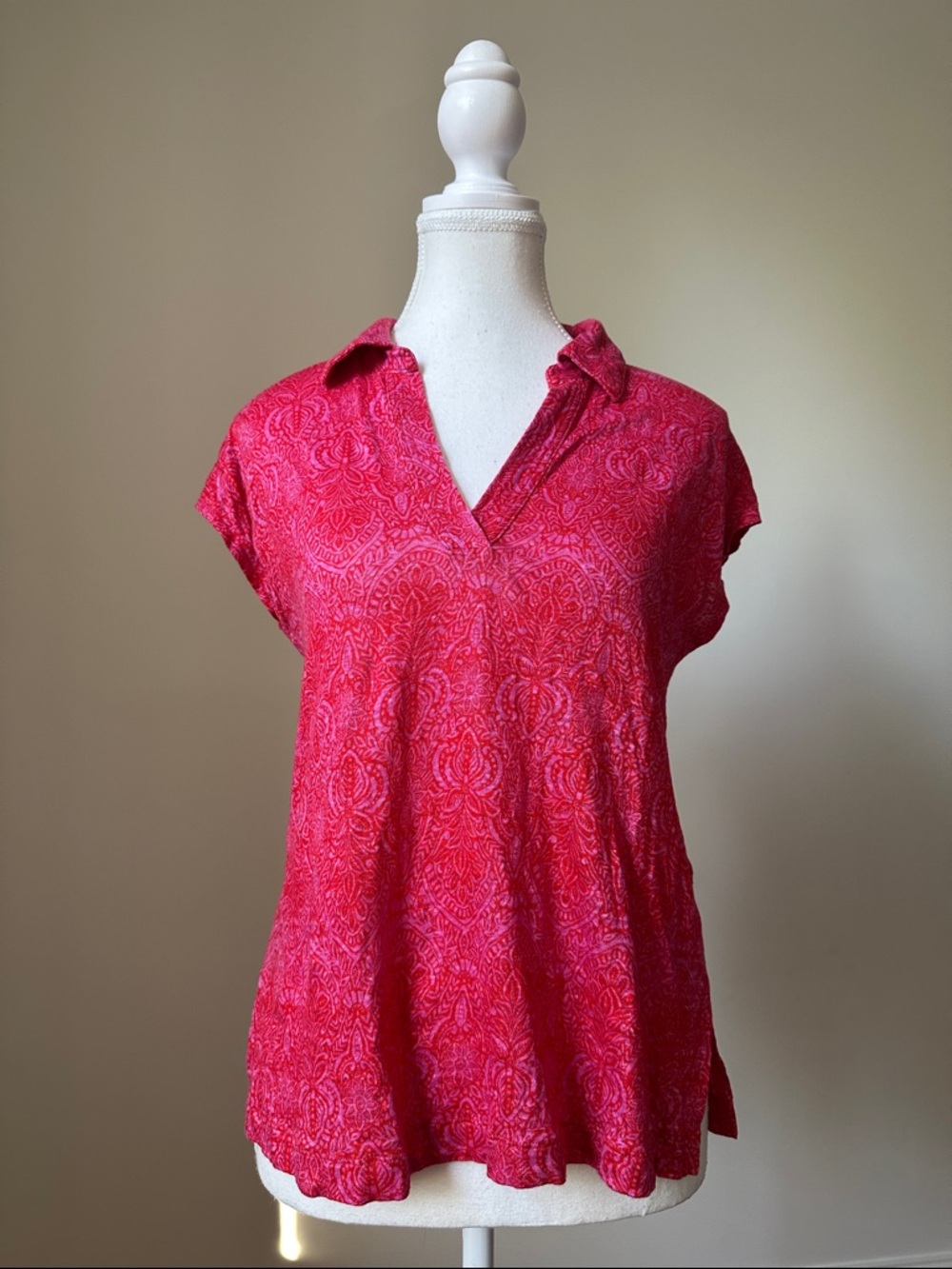RACHEL ZOE 100% Linen Hot Pink Paisley Preppy Collared Short Sleeve Size Medium